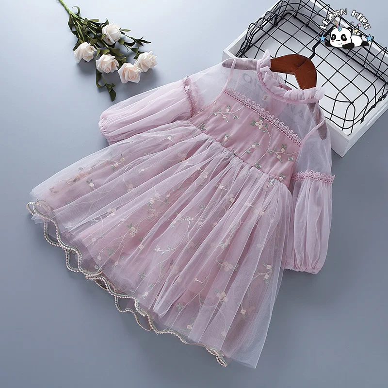 LEZONKIDS - Spring and Autumn New Children's Dress Lace Tulle Embroidery Girl's Puff Sleeve Dress
